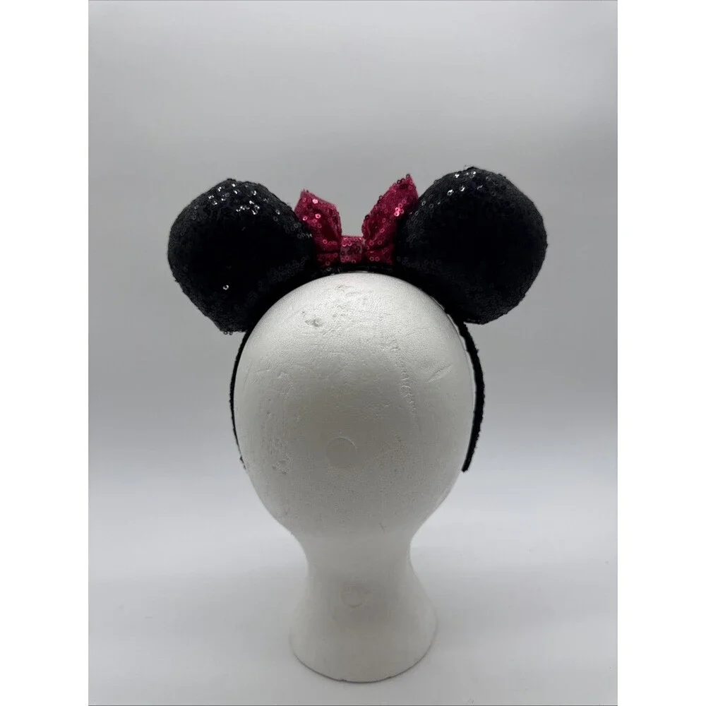 DISNEY PARKS Minnie Mouse Black Sequin Pink Sequin Bow Ear Headband